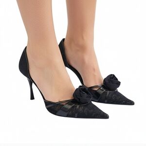 Casadei Black Lace Pattern Patent Leather Trim D'Orsay Pumps Pointy Toe Size 8.5